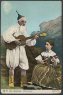 Homem e menina com traje regional, segurando instrumentos de cordas