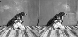 Retrato de uma criança comendo uma maça e um cão