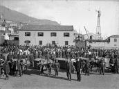 Brigada de Saneamento do Serviço da Repartição de Saneamento do Funchal, durante a epidemia de cólera, junto ao arsenal de Blandy Brothers, no campo Almirante Reis, Freguesia de Santa Maria Maior, Concelho do Funchal