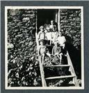 Retrato de grupo de crianças, sentadas numa escada de madeira de acesso a uma casa, Freguesia da Camacha, Concelho de Santa Cruz