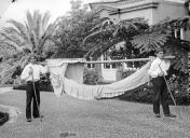 Dois homens adultos transportando uma rede nos jardins da Quinta Pavão (atual "Casino Park Hotel"), freguesia de São Pedro (atual freguesia da Sé), concelho do Funchal