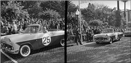 Duas imagens do automóvel de competição Ford do piloto Delgado Migueis, na linha de partida da 1ª Volta à Ilha da Madeira, na Avenida Arriaga, Freguesia da Sé, Concelho do Funchal