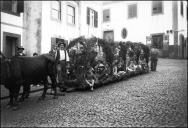 Corsa alegórica puxada por uma junta de bois na rua Conde de Carvalhal e esquina com a rua da Rochinha, Freguesia de Santa Maria Maior, Concelho do Funchal