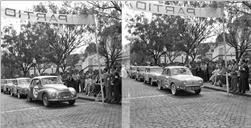 Duas imagens dos automóveis de competição: D.K.W. do piloto Orlando Martinho e Renault do piloto A. Fernandes Luís, na linha de partida da 1ª Volta à Ilha da Madeira, na Avenida Arriaga, Freguesia da Sé, Concelho do Funchal