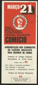 Panfleto do PS para comício com candidatos pelo distrito de Lisboa
