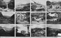 Composição de doze vinhetas ilustrando paisagens da Madeira e meios de transporte 