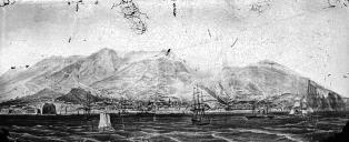 Gravura "Bay and city of Funchal", de J. F. Eckersberg, litografada por T. Picken, ilustrando uma vista da cidade a partir do mar